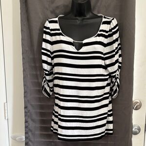 WHBM Black and White Striped 3/4 Cinched Sleeve Silver neckline accent top SZ XL